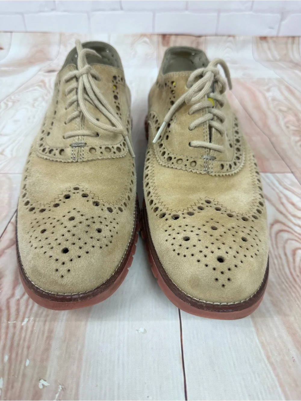 Cole Haan Tan Suede Wingtip Oxfords with Brown-Red Lug Sole